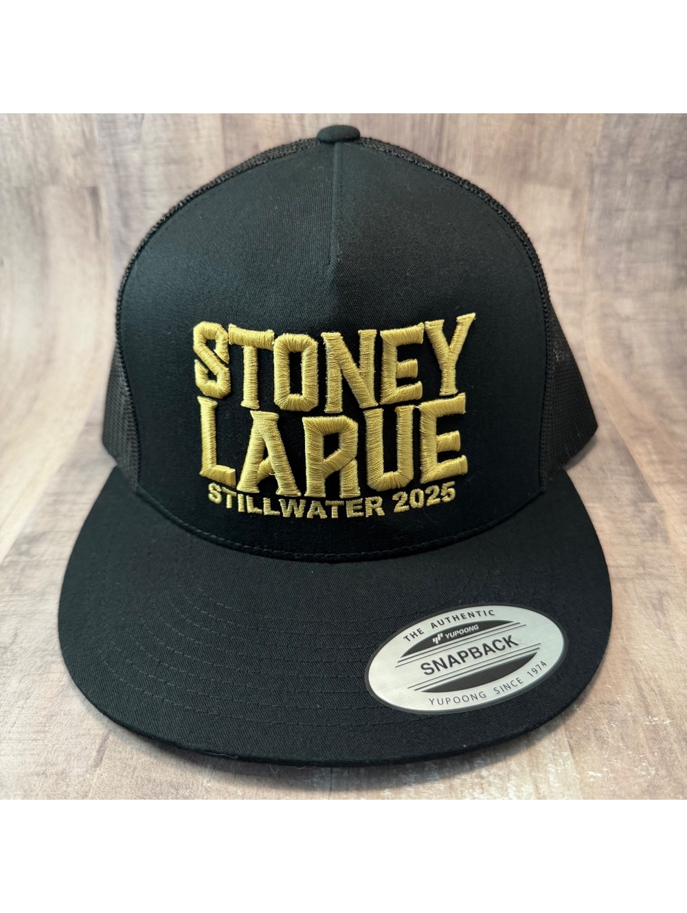 Stoney Larue Stillwater 2025 Trucker Hat Black & Gold Mesh Back Strapback Cap